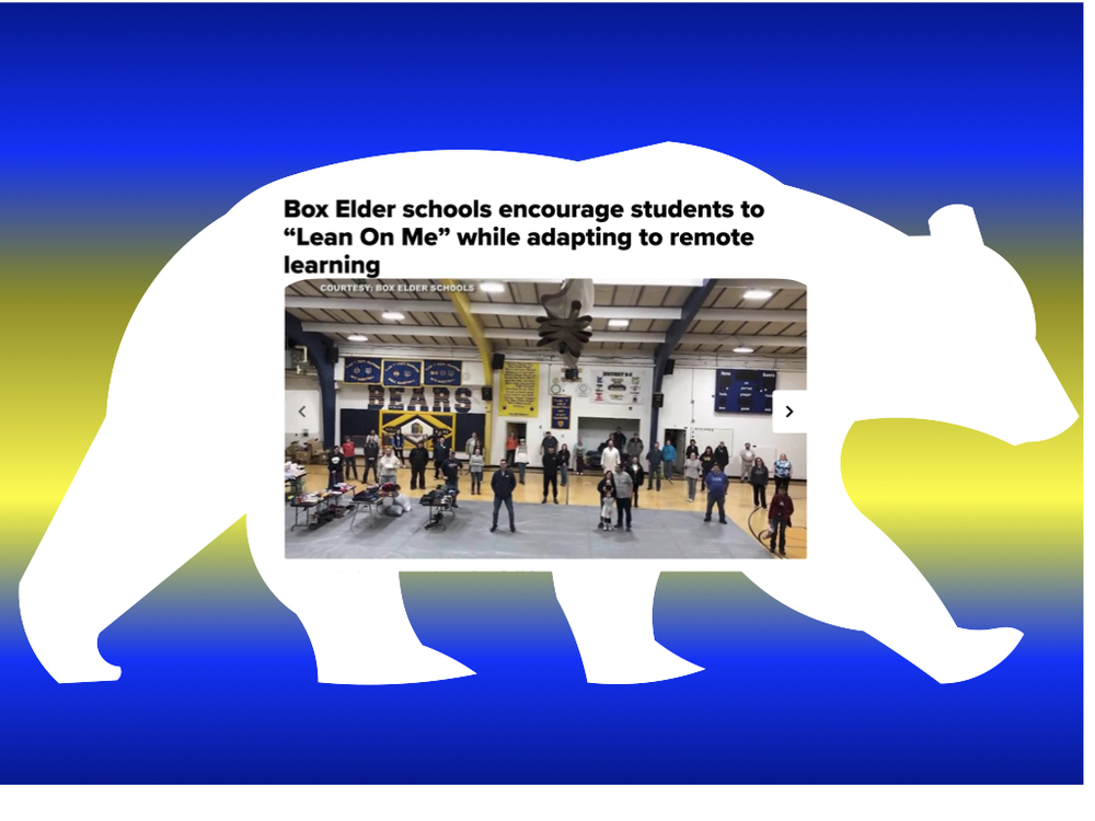 Bear image with photo of Box Elder Staff and title reading "Box Elder schools encourage students to "Lean on Me" while adapting to remote learning"