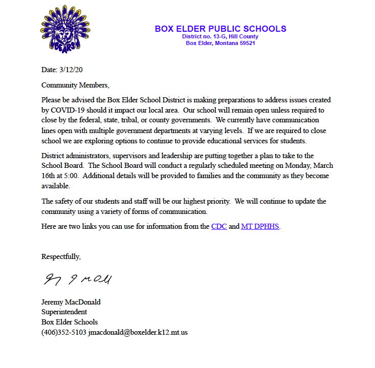 Letter from Superintendent MacDonald